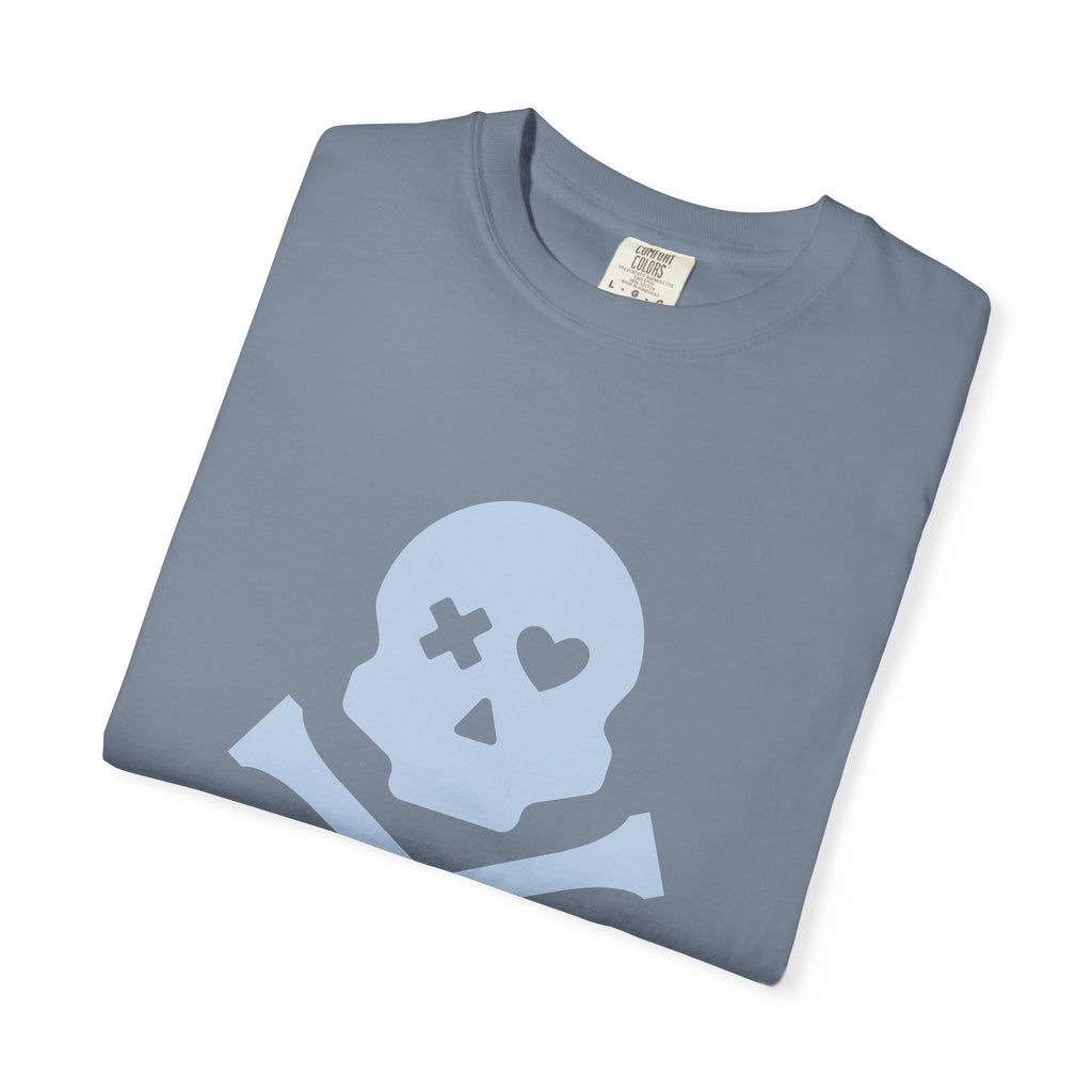 Skull & Crossbones Graphic Tee — Pastel Blue Heart Eye T-Shirt