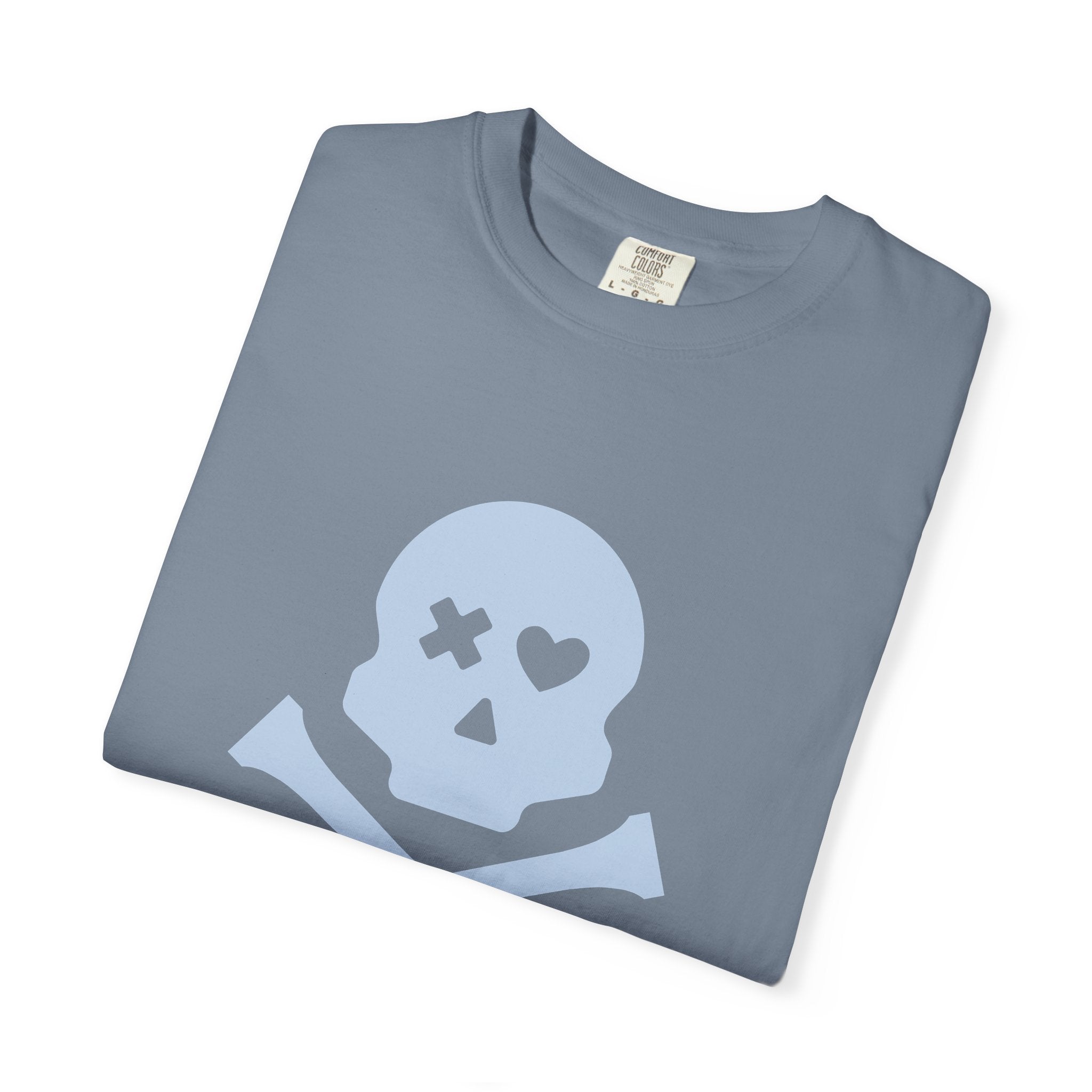 Skull & Crossbones Graphic Tee — Pastel Blue Heart Eye T-Shirt