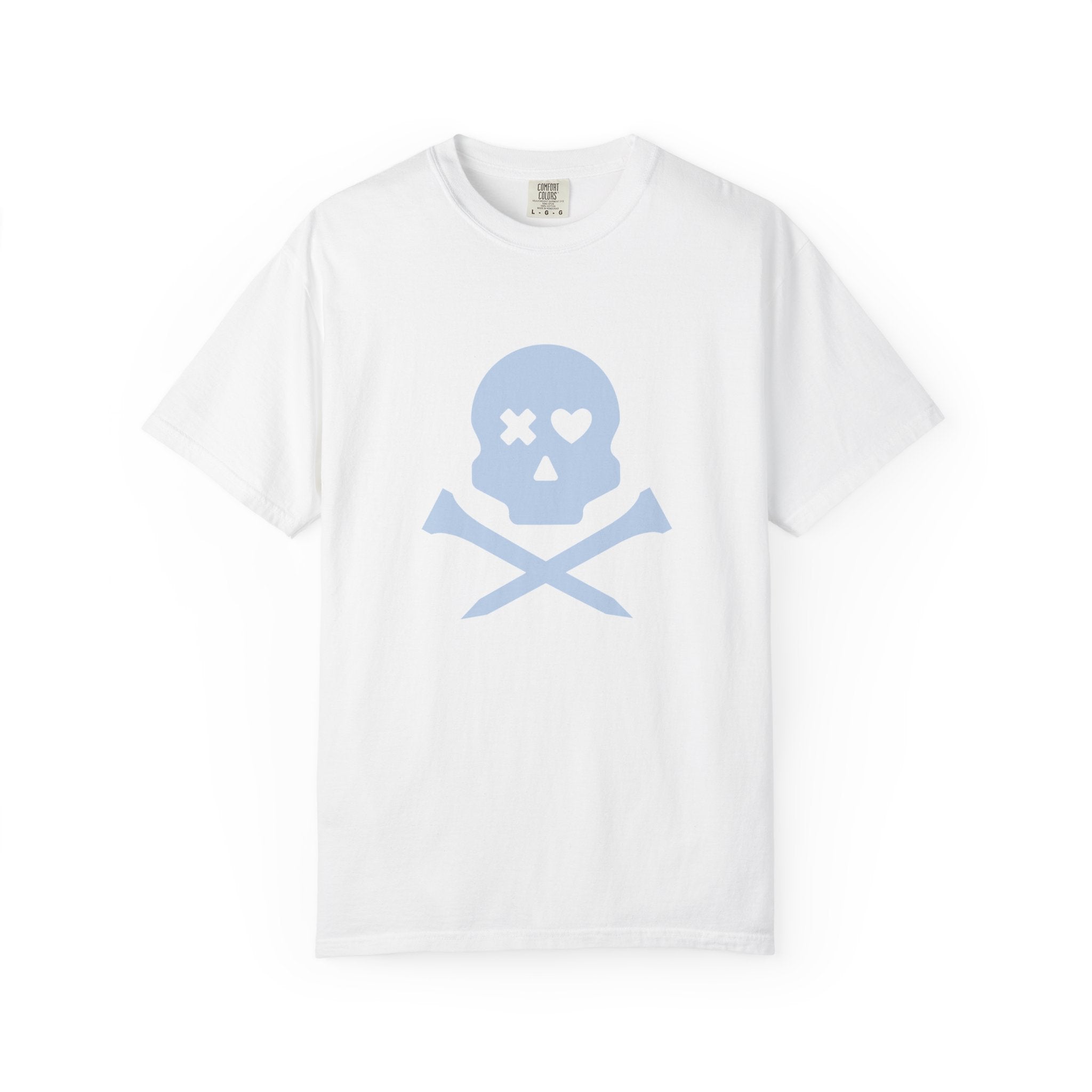 Skull & Crossbones Graphic Tee — Pastel Blue Heart Eye T-Shirt