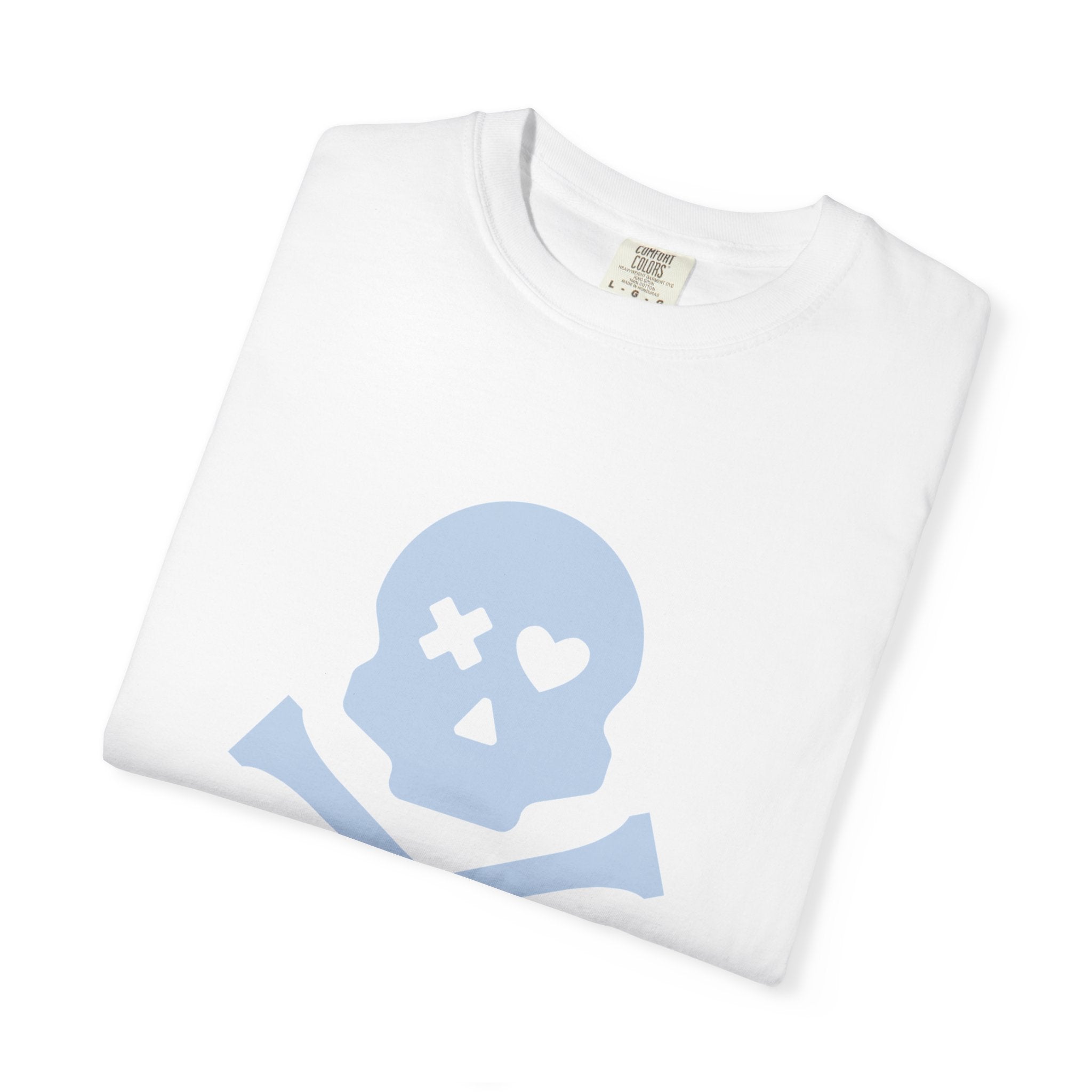 Skull & Crossbones Graphic Tee — Pastel Blue Heart Eye T-Shirt
