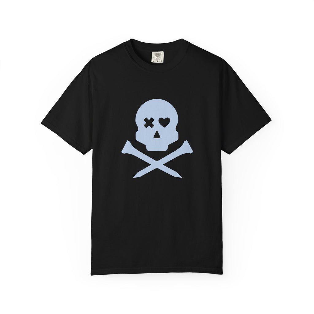 Skull & Crossbones Graphic Tee — Pastel Blue Heart Eye T-Shirt
