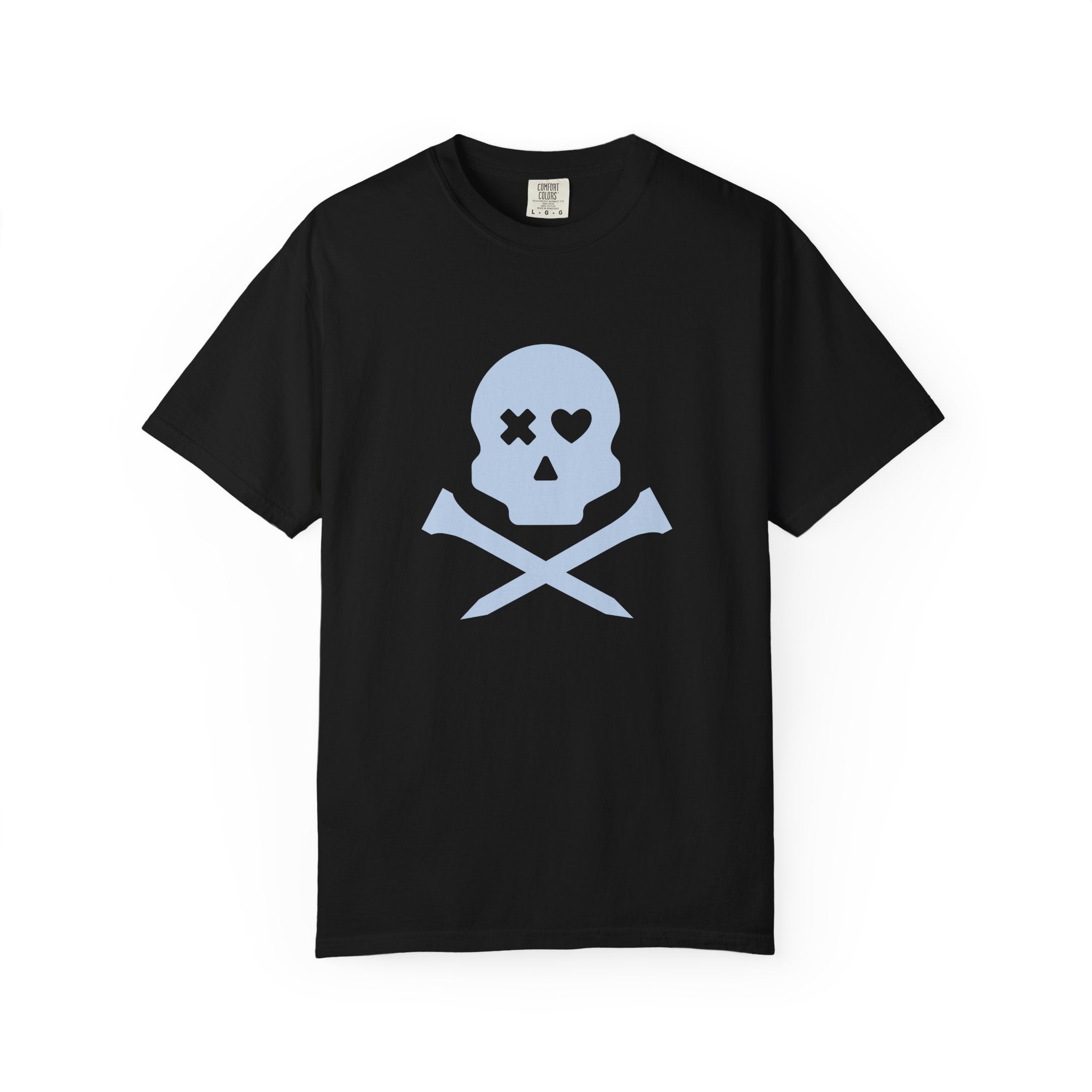 Skull & Crossbones Graphic Tee — Pastel Blue Heart Eye T-Shirt