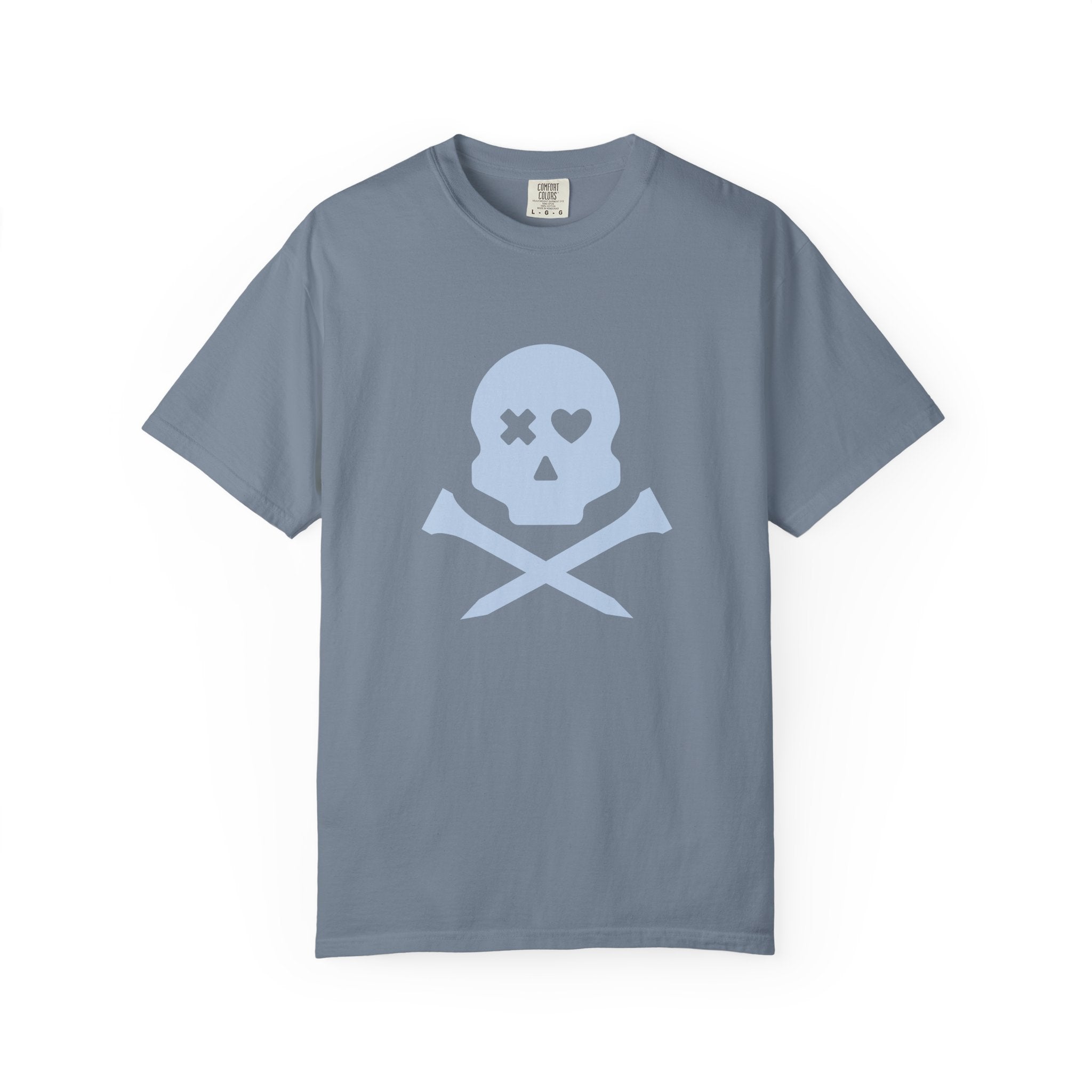 Skull & Crossbones Graphic Tee — Pastel Blue Heart Eye T-Shirt