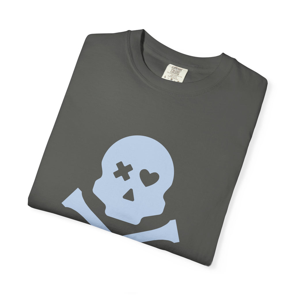 Skull & Crossbones Graphic Tee — Pastel Blue Heart Eye T-Shirt