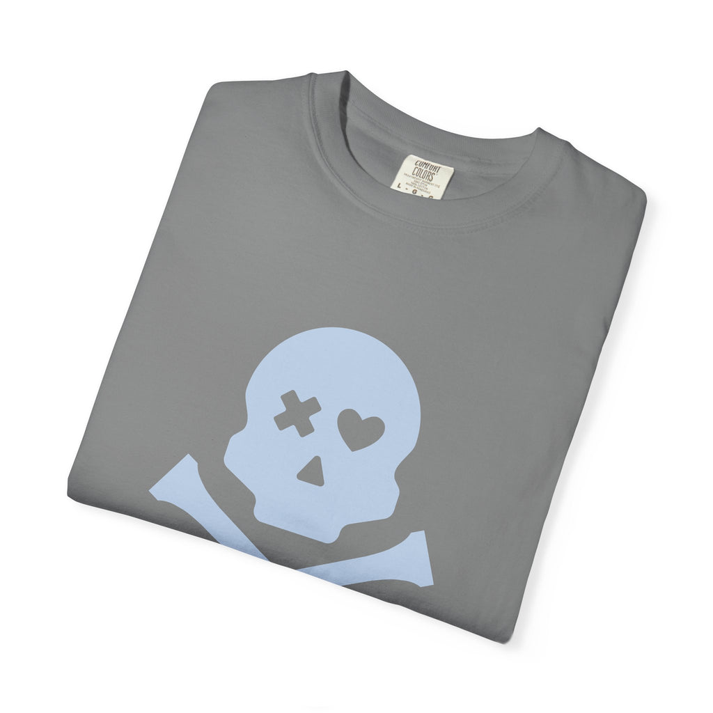 Skull & Crossbones Graphic Tee — Pastel Blue Heart Eye T-Shirt