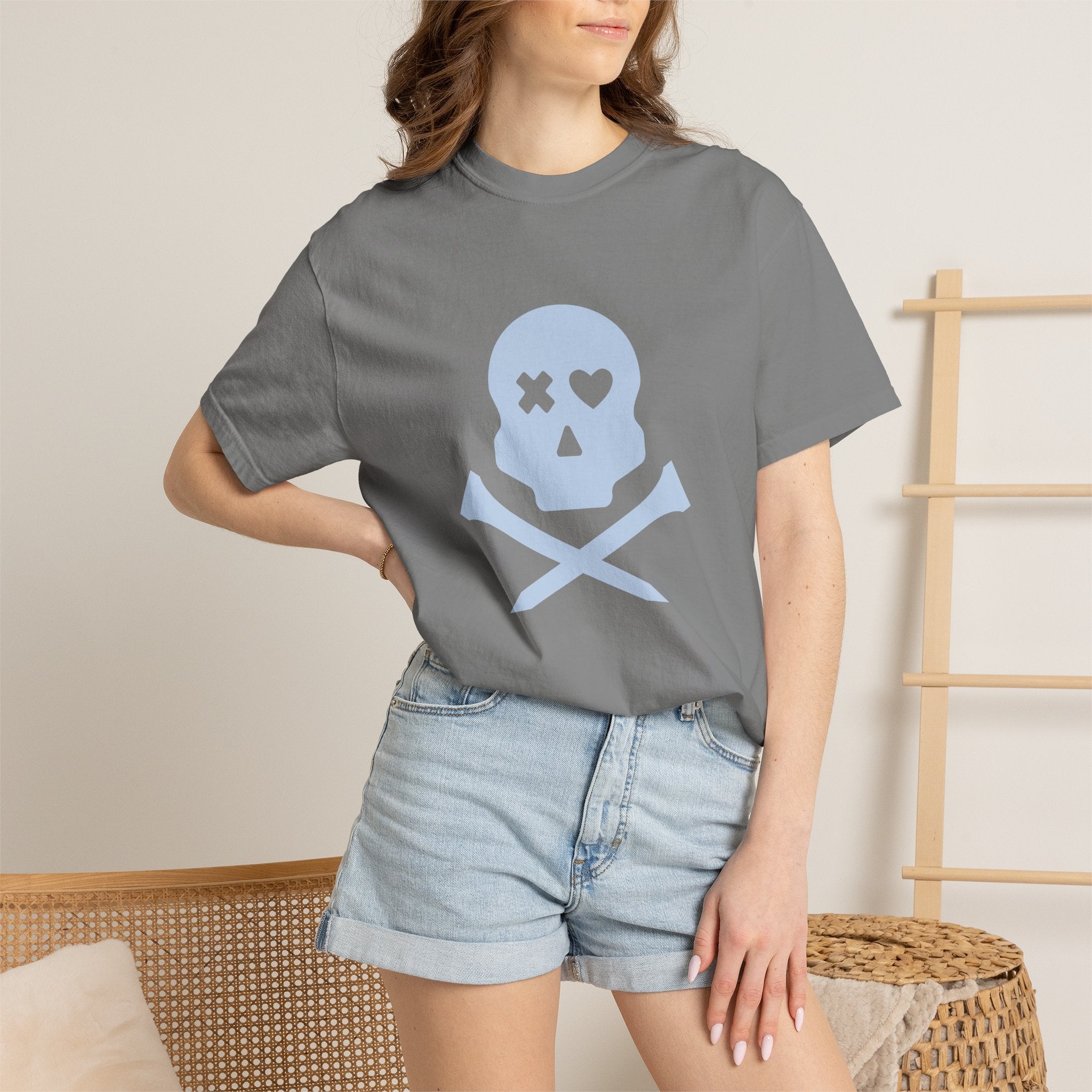 Skull & Crossbones Graphic Tee — Pastel Blue Heart Eye T-Shirt