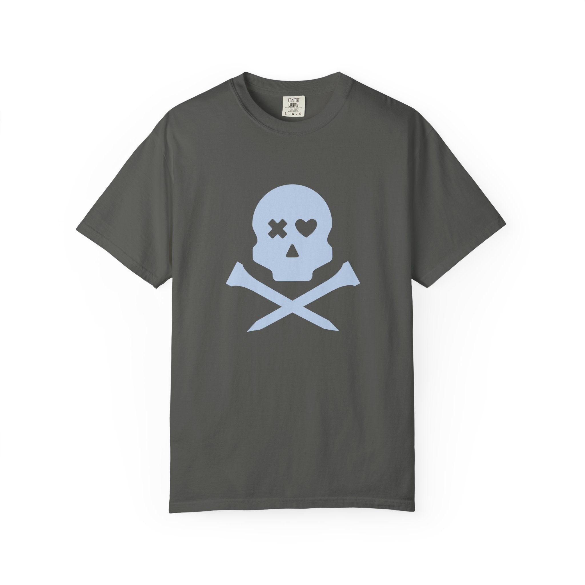 Skull & Crossbones Graphic Tee — Pastel Blue Heart Eye T-Shirt