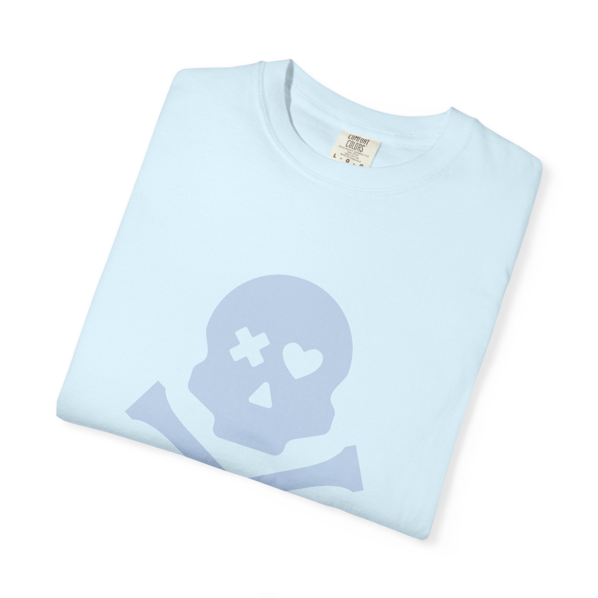 Skull & Crossbones Graphic Tee — Pastel Blue Heart Eye T-Shirt