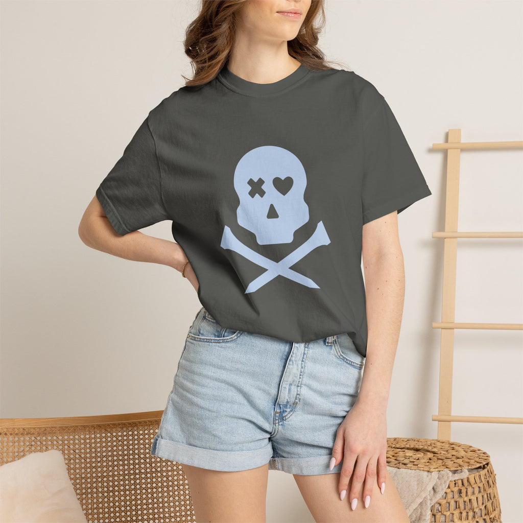 Skull & Crossbones Graphic Tee — Pastel Blue Heart Eye T-Shirt