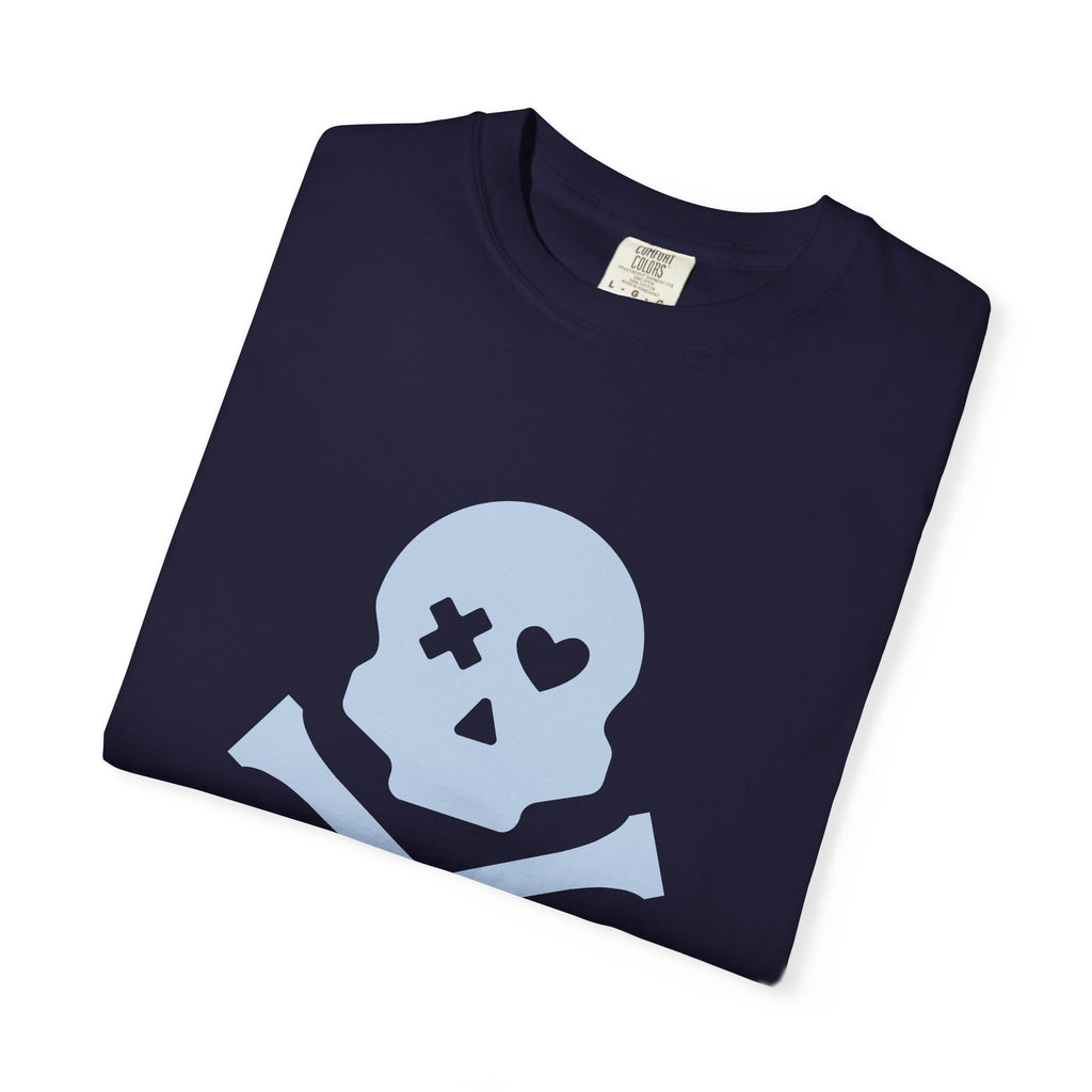 Skull & Crossbones Graphic Tee — Pastel Blue Heart Eye T-Shirt