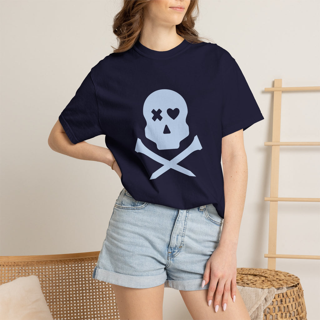 Skull & Crossbones Graphic Tee — Pastel Blue Heart Eye T-Shirt