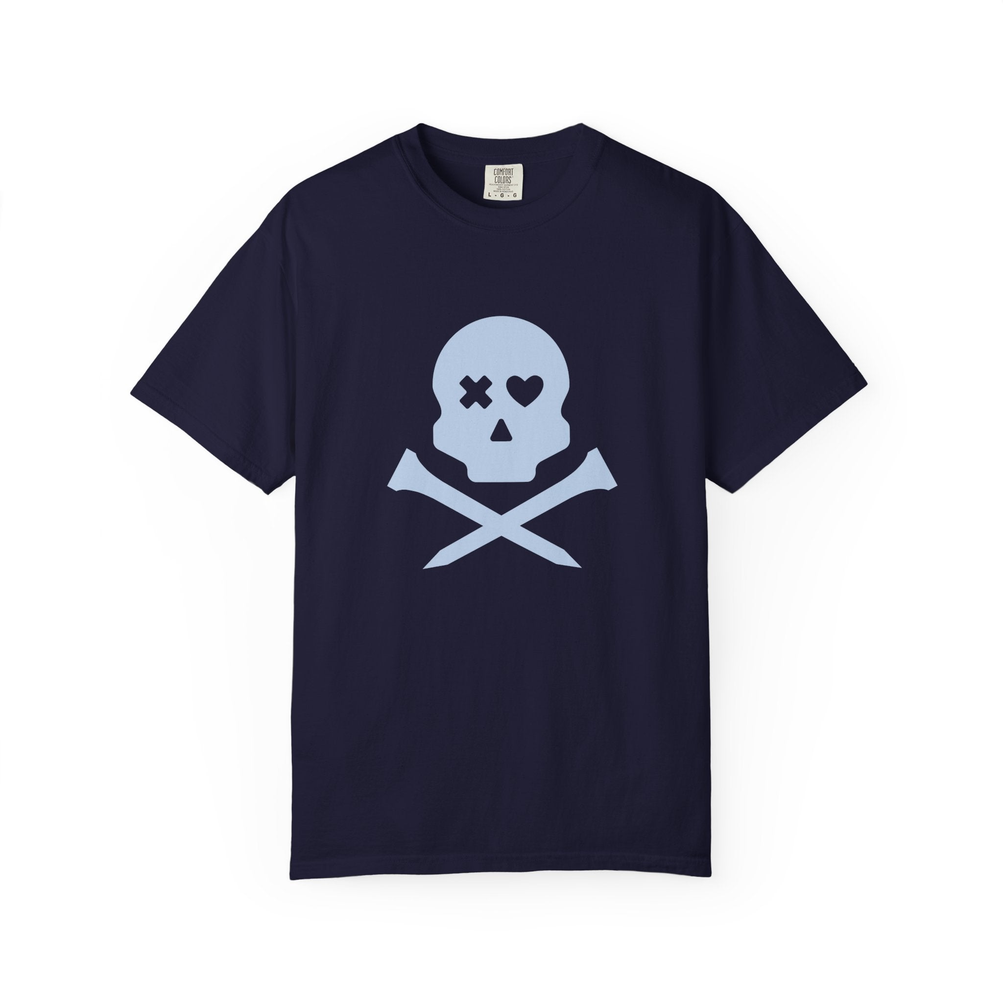 Skull & Crossbones Graphic Tee — Pastel Blue Heart Eye T-Shirt