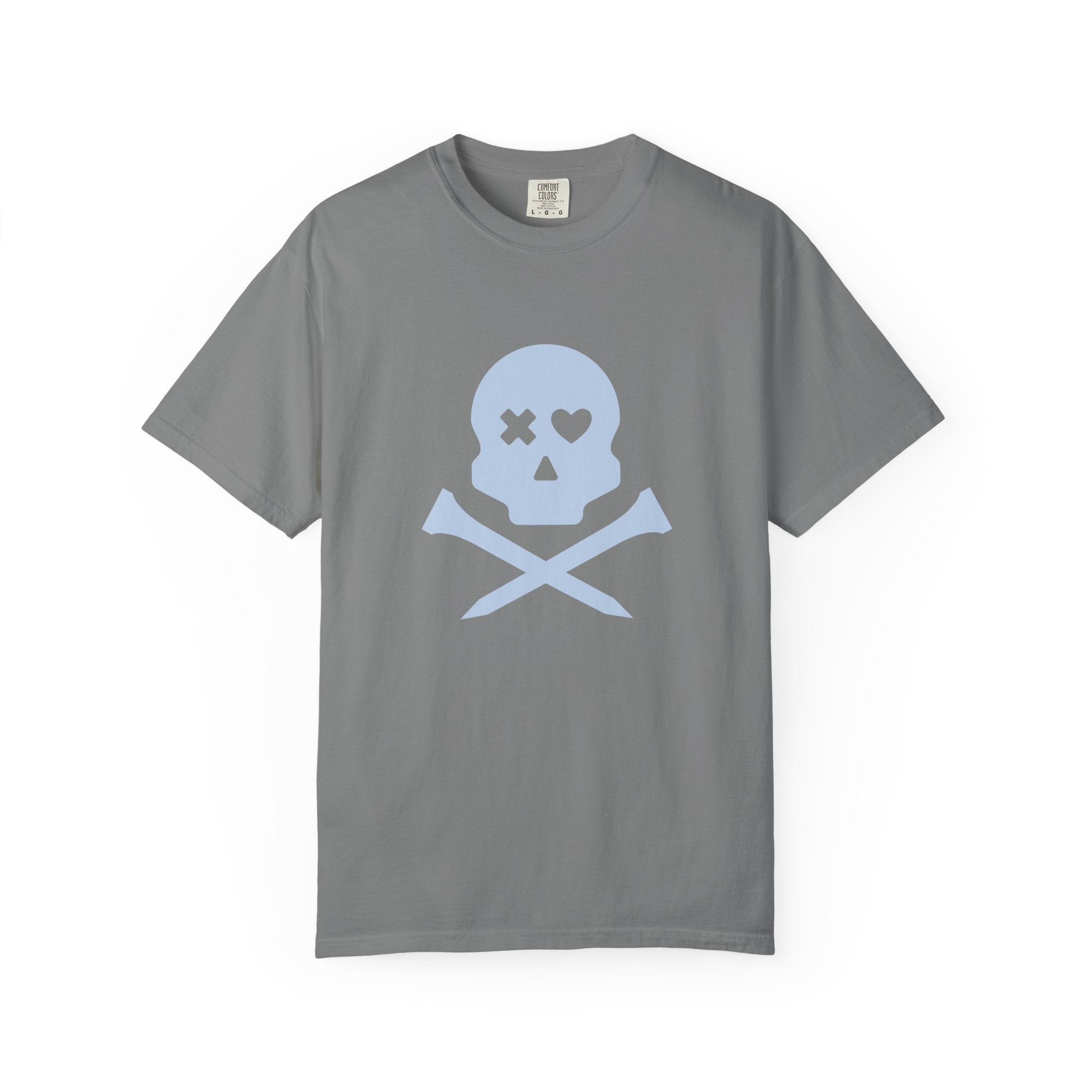 Skull & Crossbones Graphic Tee — Pastel Blue Heart Eye T-Shirt