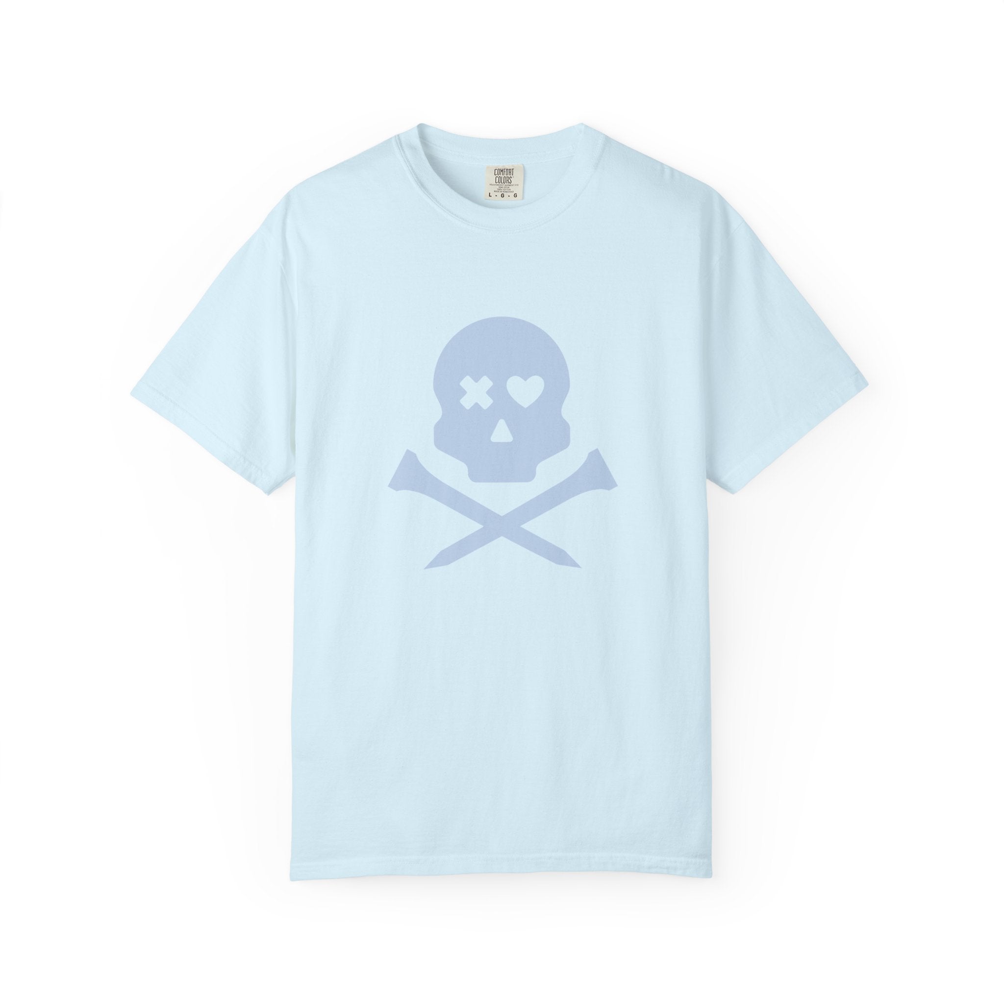 Skull & Crossbones Graphic Tee — Pastel Blue Heart Eye T-Shirt