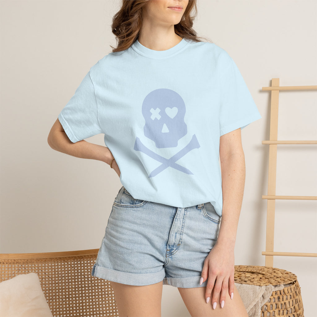 Skull & Crossbones Graphic Tee — Pastel Blue Heart Eye T-Shirt