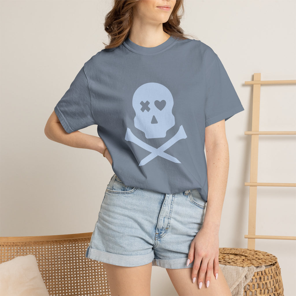 Skull & Crossbones Graphic Tee — Pastel Blue Heart Eye T-Shirt