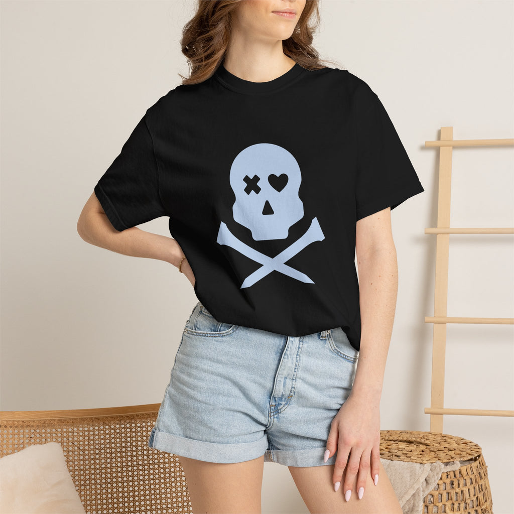Skull & Crossbones Graphic Tee — Pastel Blue Heart Eye T-Shirt