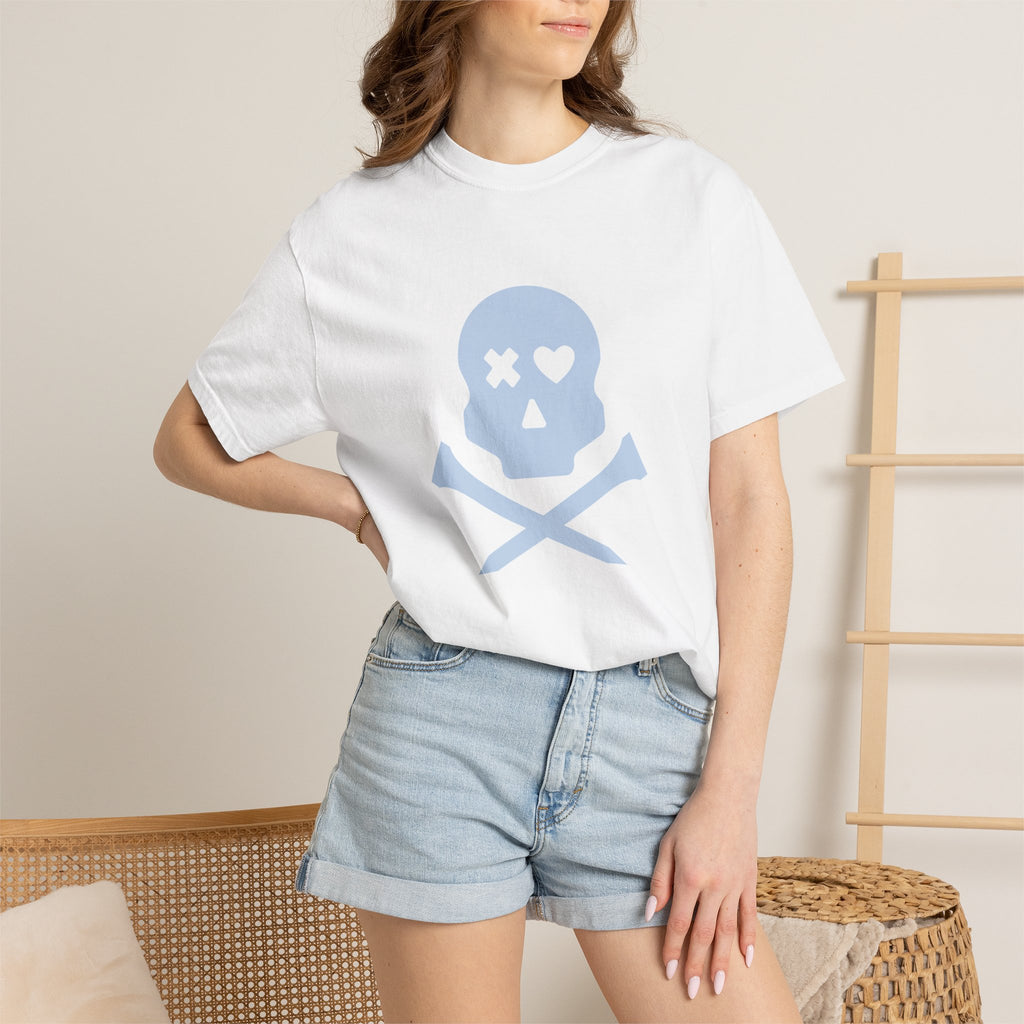 Skull & Crossbones Graphic Tee — Pastel Blue Heart Eye T-Shirt