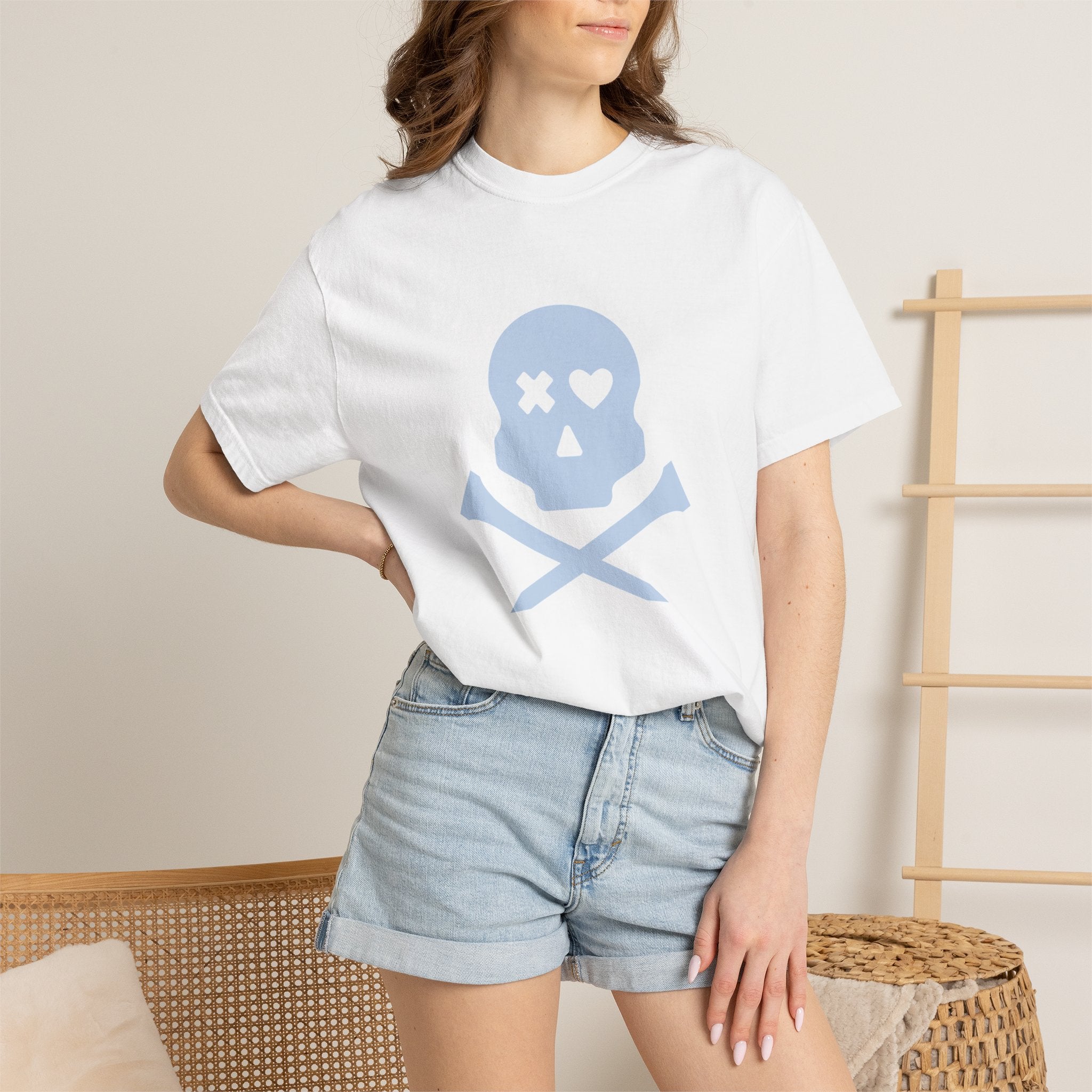 Skull & Crossbones Graphic Tee — Pastel Blue Heart Eye T-Shirt